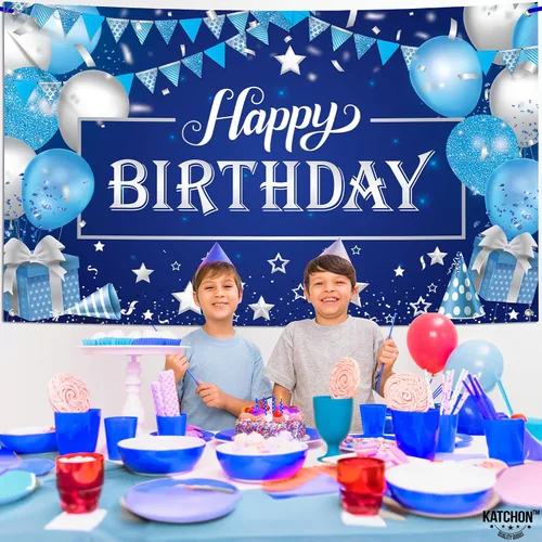Miniatura 6 de KatchOn, Cartel grande de feliz cumpleaños plateado y azul - 72 x 44 pulgadas Cartel de pared de feliz cumpleaños para hombres Telón de fondo