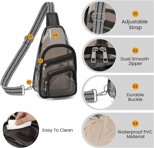 Miniatura 5 de Sisipoet Bolsa transparente para eventos en estadios, bolsa cruzada transparente para conciertos, riñonera para mujeres y hombres, bolsas Semi negro