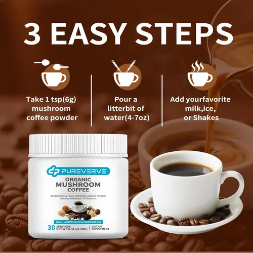 Miniatura 6 de Café de hongos, mezcla de polvo de extracto de hongos orgánico 10 melena de león, reishi, chaga, cordyceps, cola de pavo 30 porciones