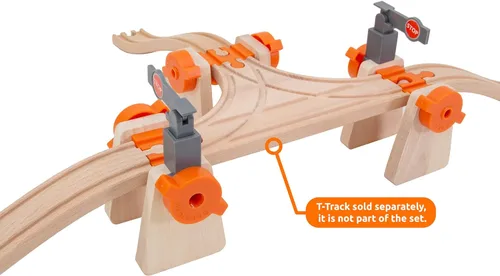 Miniatura 8 de Accesorios de madera para vías de tren Build & Play, 90 piezas de juguetes STEM de ferrocarril elevados, paquete de expansión de pistas ascendentes