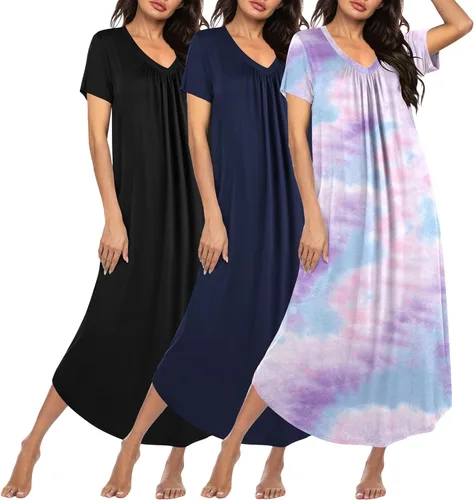 Miniatura 12 de Ekouaer Paquete de 3 camisones largos para mujer, talla grande, vestido de casa de manga corta, cuello en V, camisón casual, M-5XL