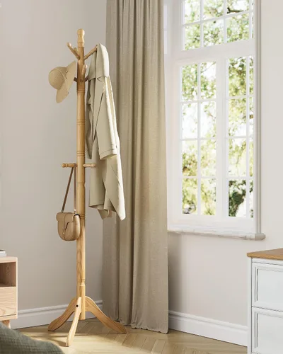 Miniatura 6 de VASAGLE Perchero de madera maciza y soporte, árbol de pasillo independiente con 10 ganchos para sombreros, bolsos, carteras, para entrada, pasillo