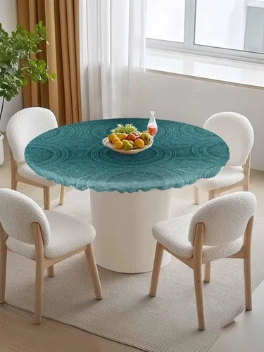 Miniatura 6 de Mantel redondo ajustado con diseño floral de mandala aguamarina, estilo étnico bohemio con borde elástico, impermeable, mantel circular de flores
