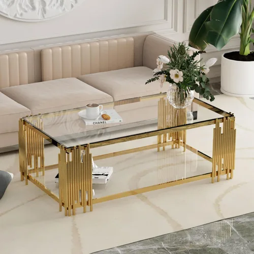 Miniatura 12 de Mesa de centro de cristal negro de 43 pulgadas, mesa moderna para sala de estar, acero inoxidable dorado, patas de metal, rectangular, de vidrio