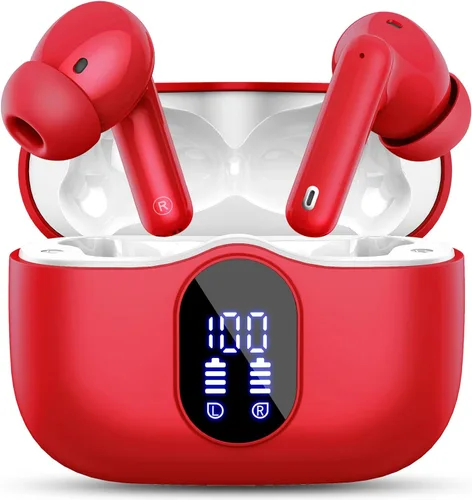 Auriculares inalámbricos, Bluetooth 5.4, estéreo de bajos, auriculares con micrófono con cancelación de ruido, pantalla LED en el oído, llamadas Rojo