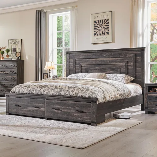 Miniatura 10 de RedLemon - Marco de cama de estilo granja Queen con cabecera geométrica de 137 cm de altura, cama de plataforma de madera rústica con 2 cajones