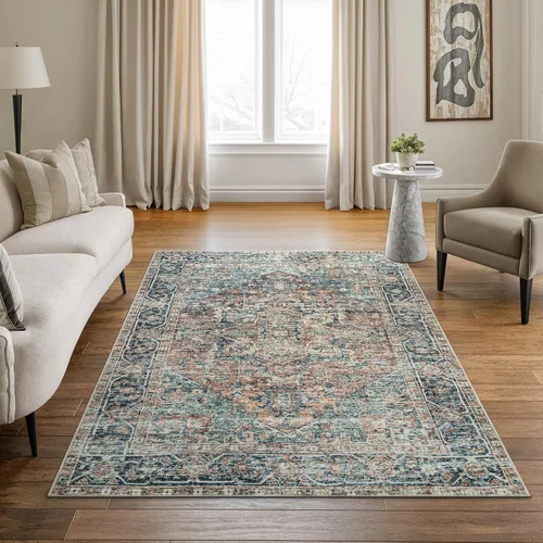 Miniatura 15 de Bloom Rugs Alfombra lavable antideslizante de 2 x 3 pies, color azul/verde/mandarina, alfombra tradicional oriental para sala de estar, dormitorio