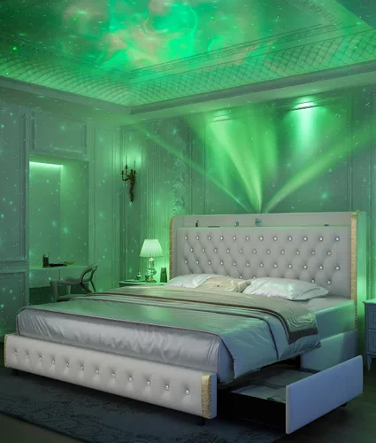 Miniatura 8 de GEGOFORU Base de cama Queen con luces LED y proyector de galaxia, moderna plataforma con respaldo alado con 4 cajones de almacenamiento, puertos