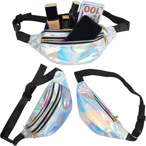 Miniatura 4 de ONUPGO Riñonera holográfica de 2 piezas para mujeres, niñas y hombres, riñonera brillante de color metálico, impermeable, holograma de poliuretano
