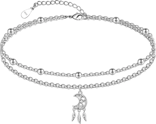 Miniatura 71 de CHIC & ARTSY Tobilleras delicadas de plata de ley S925 para verano, pulsera de tobillo ajustable multicapa para playa, joyería de pie para mujer