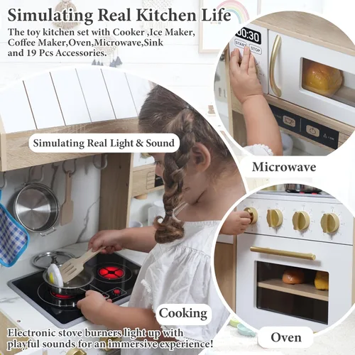 Miniatura 3 de inFUNSAME - Juego de cocina para niños con luces y sonidos realistas, diseño moderno, juguete de cocina de madera mejorado con áreas de juego Madera