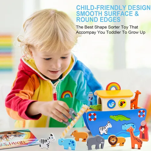 Miniatura 9 de KMTJT Juego de animales de juguete de madera del arca de Noé para niños pequeños, regalos de bautismo para niños de 1, 2, 3, clasificador de formas
