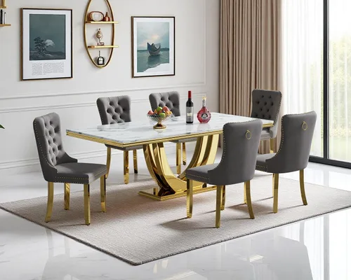 Juego de mesa de comedor moderno de 70 pulgadas para 6, 7 piezas, con base de mármol sintético, base de acero inoxidable y sillas de terciopelo