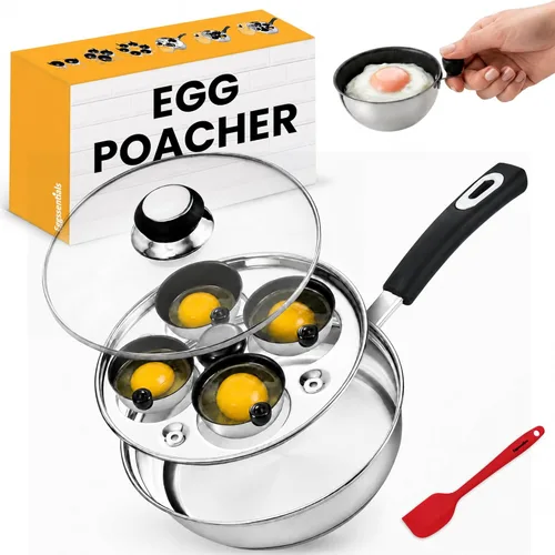 Escalfador de Huevos - Eggssentials Sartén para Huevos Escalfados, Sartén de Acero Inoxidable para Huevos Escalfados, Cocinador de Huevos Escalfados