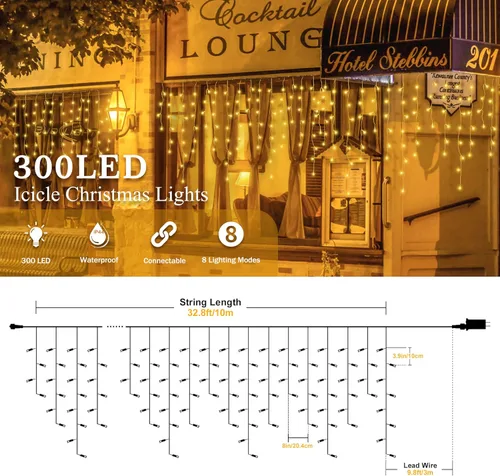 Miniatura 3 de Luces de carámbano de 33 pies con 300 luces LED para exteriores, impermeables, con 50 gotas, tira de luces blancas cálidas para bodas, fiestas