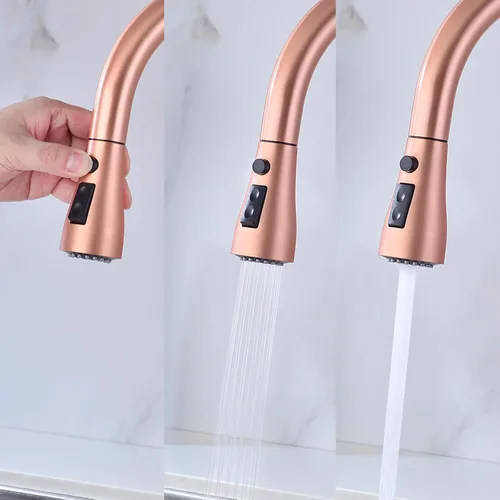 Miniatura 4 de Delle Rosa Grifo de cocina de cobre y oro rosa, montaje en cubierta, acero inoxidable 304, manija única, configuración de rociado de 3 vías, fácil