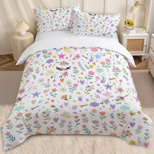 Miniatura 15 de BEDMUST Funda de edredón de unicornio tamaño individual, suave y lindo juego de ropa de cama de unicornio rosa con hojas de flores y pájaros azules