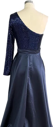 Miniatura 4 de TIRAS Vestidos de fiesta de un hombro para mujer 2023 con abertura en la manga y lentejuelas vestido formal de satén con cola desmontable CM153