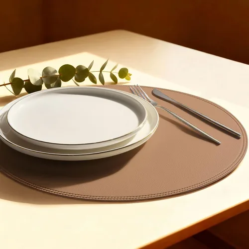 Miniatura 10 de Round Vinyl Beige Placemats Set of 6, Faux Leather Waterproof Wipeable Heat Resistant Place Mats, Washable Table Mats for Halloween, Thanksgiving &