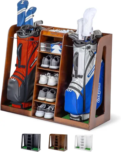 Miniatura 8 de GoSports Organizador de bolsas de golf de madera prémium y estante de almacenamiento, capacidad para 2 bolsas de golf, acabado negro, blanco o marrón