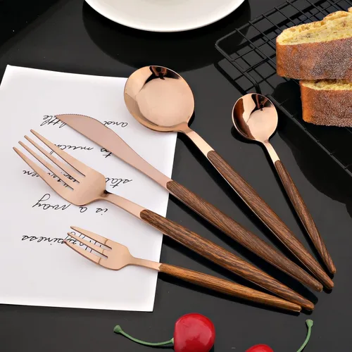 Miniatura 5 de JASHII Juego de cubiertos con mango de madera, 20 piezas de cubiertos de acero inoxidable, pulido con espejo, juego de cucharas y tenedores