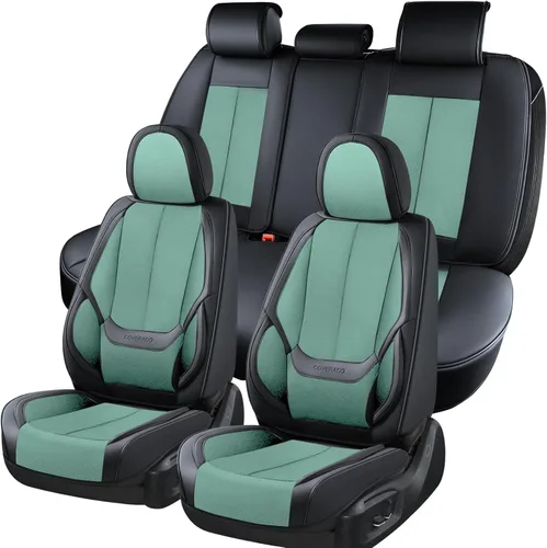 Coverado Juego completo de fundas de asiento de automóvil, fundas de asiento delantero y trasero, tela transpirable y cuero, protectores de asiento