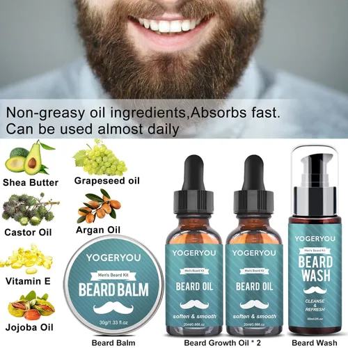 Miniatura 4 de Kit de barba, kit de aseo de barba para hombres con navaja recta, 2 paquetes de aceite para barba, lavado, bálsamo, cepillo, peine, tijeras. Regalos