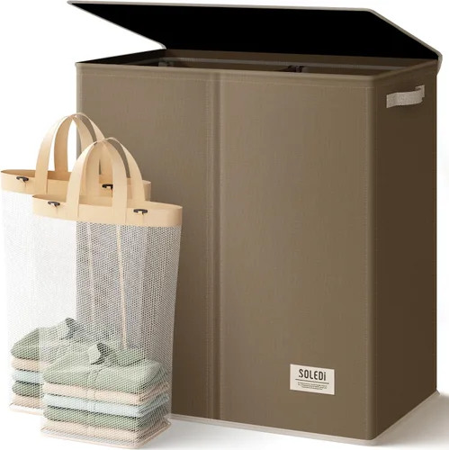 Miniatura 22 de SOLEDI Cesta de lavandería de lujo doble con tapa y bolsas removibles, cesta grande para lavandería, cesta de lavandería de 2 secciones, cesta