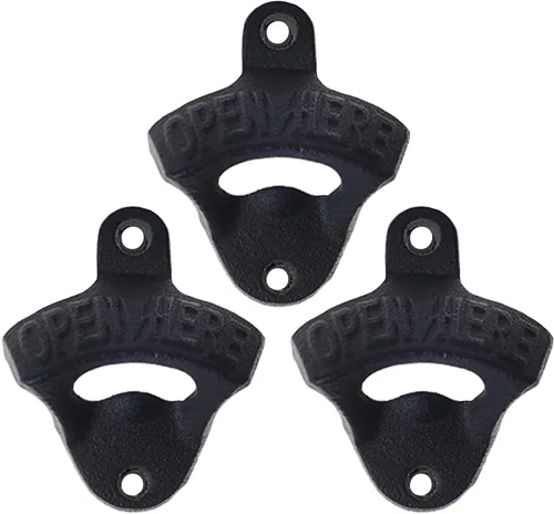Abridor de botellas de hierro fundido negro montado en la pared con tornillos montables para mesa de poste enfriador de madera (paquete de 3)
