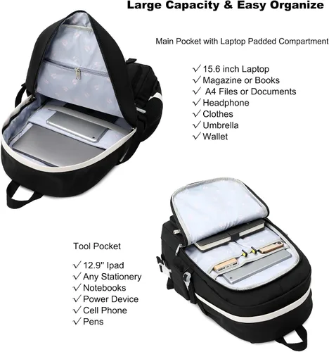 Miniatura 3 de Hidds Mochilas para laptop de 15.6 pulgadas, mochila escolar universitaria para niñas y mujeres, bonita bolsa de libros para escuela primaria Negro