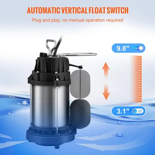 Miniatura 5 de VEVOR Bomba de sumidero sumergible de 1/2 HP, bomba de sumidero con superficie de acero inoxidable, cable de alimentación de 10 pies, descarga NPT