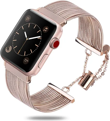 Miniatura 7 de Correa compatible con Apple Watch Band para iWatch de acero inoxidable, joyería de moda, pulsera elegante de repuesto de 38/40/1.614 in y SS004-Oro
