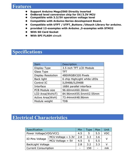 Miniatura 3 de HiLetgo 3.5 "Pantalla LCD TFT ILI9486/ILI9488 480x320 36 pines para Arduino Mega2560