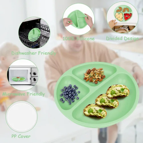 Miniatura 4 de Vicloon Plato de vajilla para niños pequeños, 2 piezas de placa de silicona con compartimentos divididos, placas de succión para bebés y niños Verde