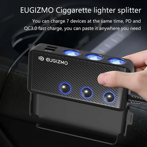 Miniatura 4 de EUGIZMO Divisor de enchufe para encendedor de cigarrillos, 200 W, 3 enchufes, adaptador de encendedor de cigarrillos USB, cable de extensión