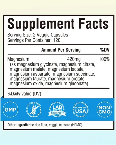 Miniatura 2 de Terranics Suplemento complejo de magnesio 420 mg, fórmula de espectro completo 10 en 1, glicinato, citrato, malato y más, absorción máxima, apoyo