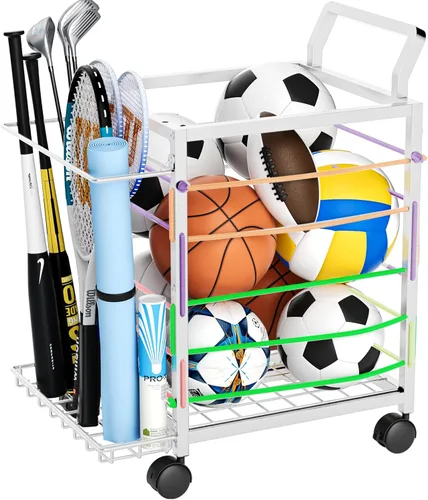 Miniatura 10 de Carrito de almacenamiento de pelotas deportivas con ruedas, organizador de equipos deportivos de gran capacidad, organizador de pelotas de garaje