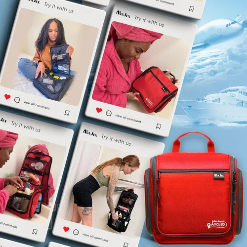 Miniatura 9 de Bolsa de aseo de viaje para hombres y mujeres - Organizador grande colgante de artículos de tocador - Bolsa de higiene impermeable con gancho L Rojo
