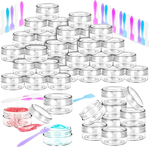 Miniatura 16 de Paquete de 50 de 10 g pequeños contenedores de cosméticos de plástico con tapas, frascos de maquillaje de 10 gramos de color ámbar con espátulas