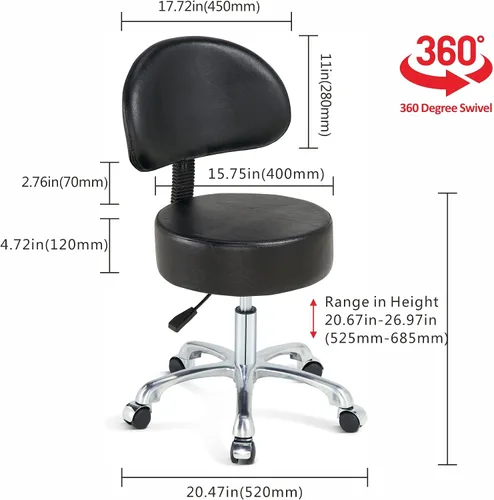 Miniatura 3 de Silla redonda con respaldo, acolchado grueso y resistente, taburete giratorio con ruedas, taburete ajustable con ruedas (con respaldo, negro)