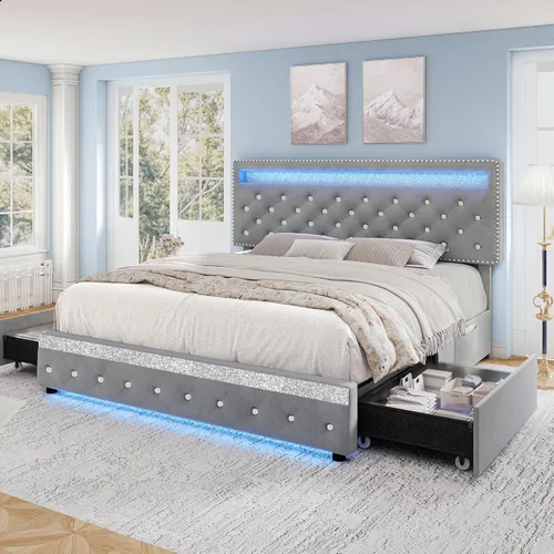 Miniatura 9 de Torana Marco de Cama LED Queen con 2 Cajones, Camas de Plataforma Tapizadas en Terciopelo con Cabecera de Almacenamiento Ajustable, Marco de Cama