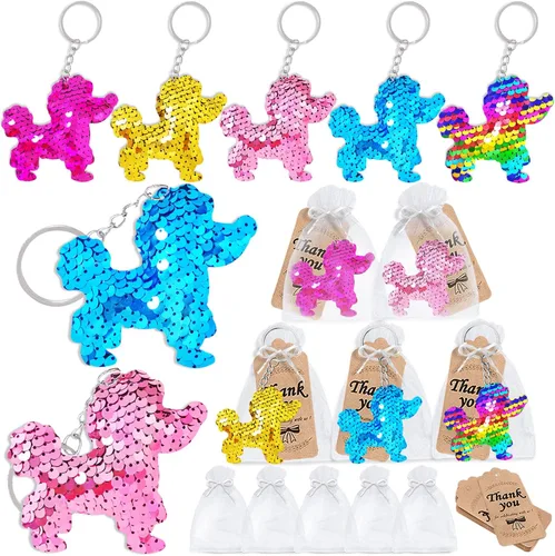 CiciBear Juego de 60 llaveros de lentejuelas de doble cubierta con 20 llaveros para perros, 20 etiquetas de agradecimiento y 20 bolsas para Let's