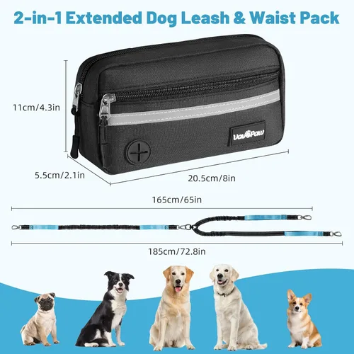 Miniatura 2 de VavoPaw Correa de perro manos libres para 2 perros con bolsa, correa de cintura para pasear perros, trotar, senderismo, correas retráctiles con asas