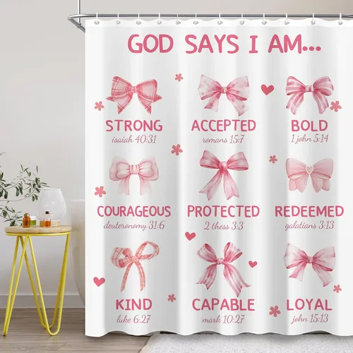 Miniatura 3 de Juego de cortinas de ducha con lazo rosa para baño, 60 pulgadas de ancho x 72 pulgadas de alto, cortina de ducha con texto en inglés «God says I Am