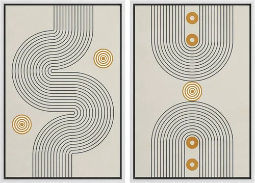 Miniatura 64 de IDEA4WALL Lienzo enmarcado para pared, juego de arte Bauhaus dorado de mediados de siglo, patrón de cuadrícula moderna, ilustraciones con formas