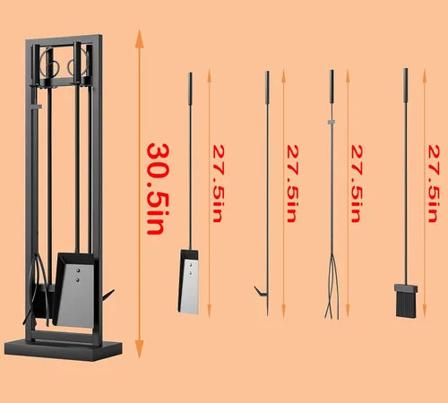 Miniatura 4 de Kingson Juego de herramientas para chimenea de 5 piezas – 30.5" Diseño de volutas negras, accesorios de chimenea de servicio pesado para chimeneas