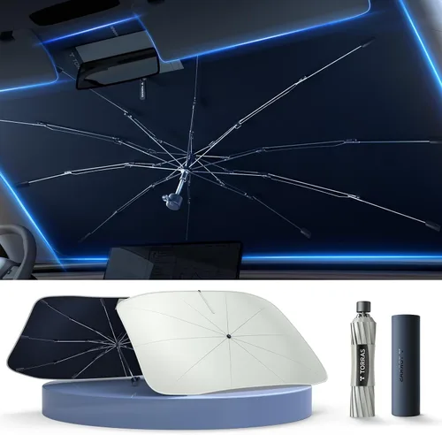 TORRAS Parasol para Parabrisas de Automóvil con Organizador, Sombras Plegables para Cubierta de Ventana Delantera con Espejo, Cremallera Bloquea