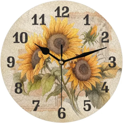Reloj de pared vintage de girasol, silencioso, sin tictac, retro, floral, moderno, funciona con pilas, reloj analógico decorativo para sala de