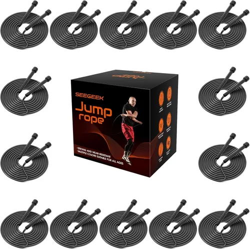 Paquete de 14 cuerdas ajustables de PVC para entrenamiento cardiovascular, cuerda de saltar versátil para mujeres, hombres y niños, regalo de Negro
