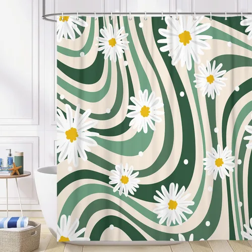 Miniatura 6 de JAWO Bonita cortina de ducha abstracta verde salvia con margaritas para caravana de viaje, remolque, baño, juego de cortinas de ducha de tela